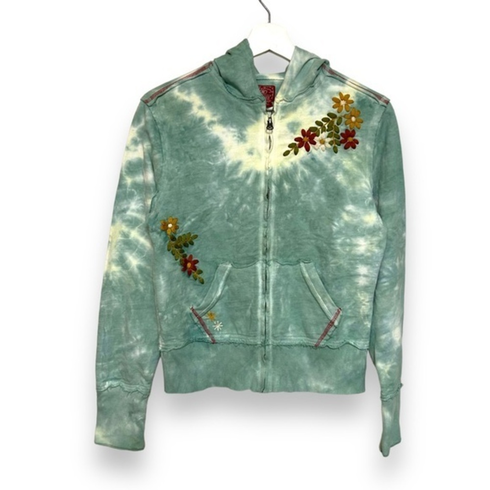 RARE! Y2k lucky brand M zip-up hoodie sweatshirt floral embroidery‎ tie dye boho